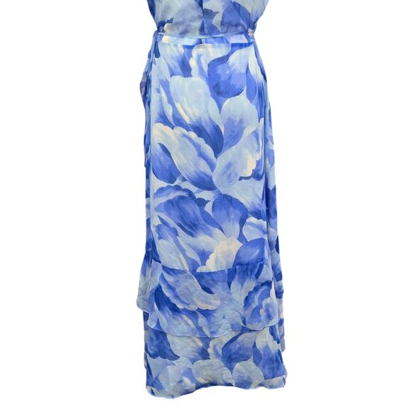 Lulus‎ Elevate The Occasion Wrap Dress Women's Medium Blue Floral Ruffle Hi Low - Picture 9 of 12